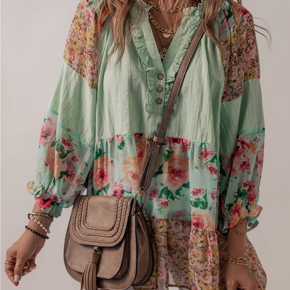 Green Printed Floral Patchwork Frilled Split
Neck Blouse Bohemian Top - Picture 2 of 16